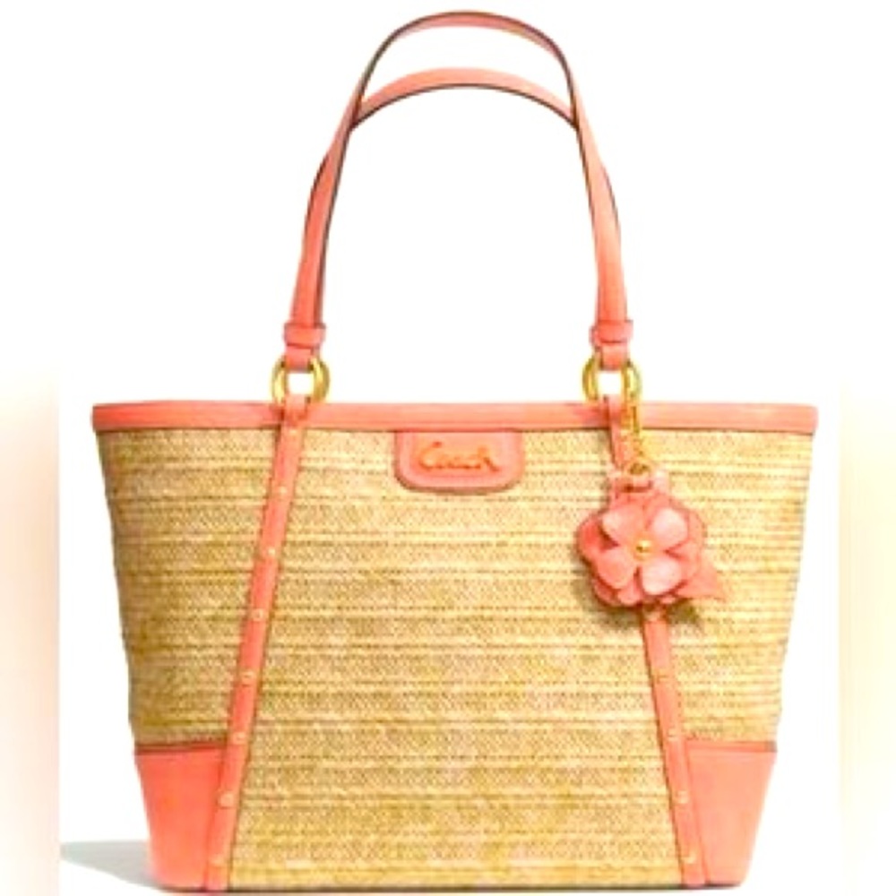 Coach Alexandra Straw and Coral Tote. NWT